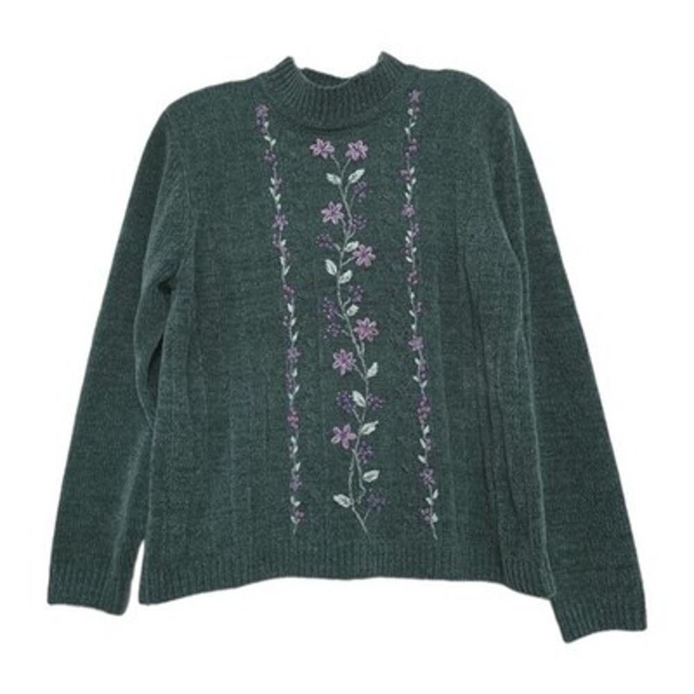 Vintage Chenille Embroidered Floral Sweater Womens L Grandmacore Cottage 90s